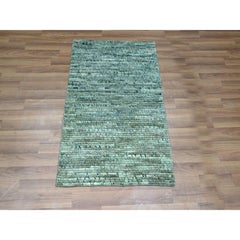 2'1"x3'3" Ocean Green Grass Design Hand Knotted Wool Mat Sample Oriental Rug