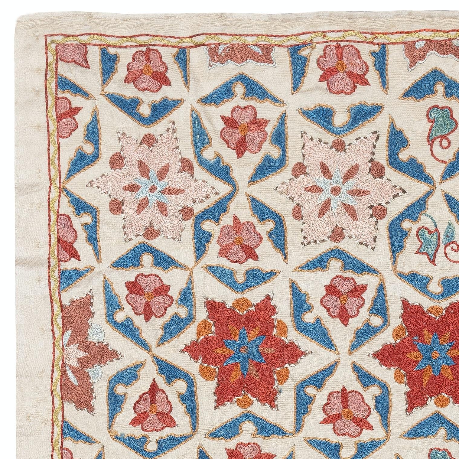 Celebrate the rich heritage of Asian craftsmanship with this exquisite 100% silk Suzani textile, meticulously hand-embroidered by skilled artisans. A true work of art, this piece embodies centuries of tradition, featuring intricate floral and