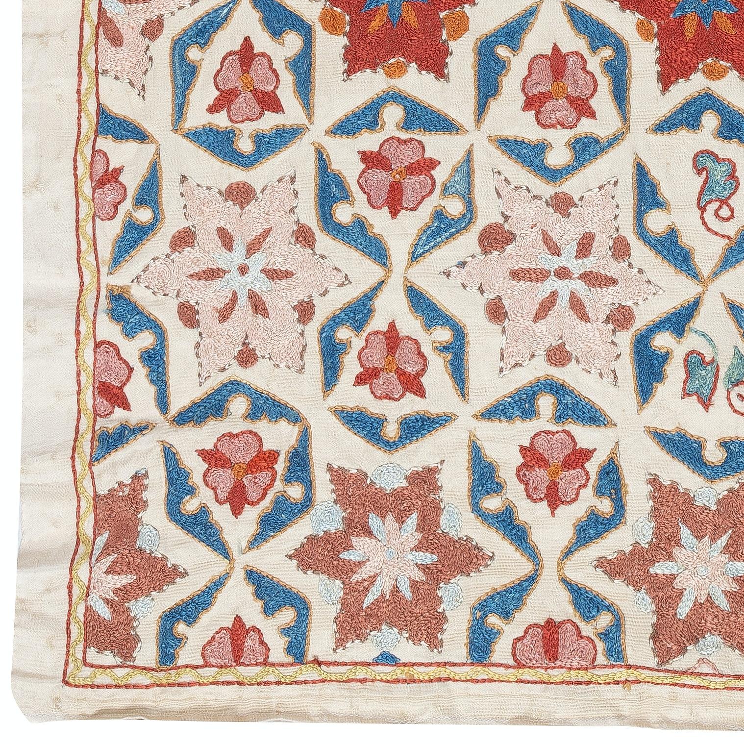 Central Asian 21x34 in 100% Silk Wall Hanging. Embroidered Tablecloth. Boho Wall Decor For Sale