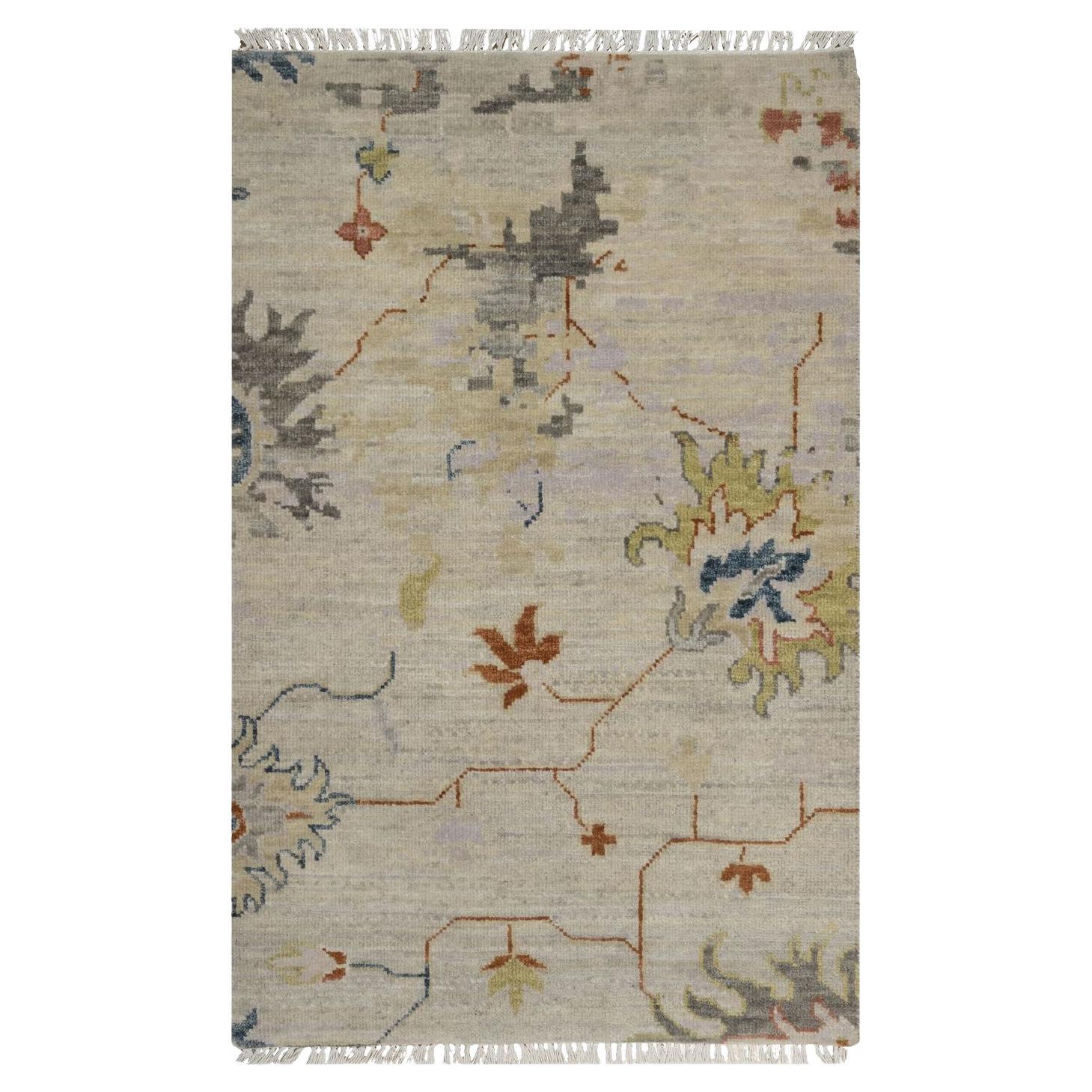 2
1"x3
4" Oyster White Broken Pattern with Agra Design Hand Knotted Wool Rug For Sale