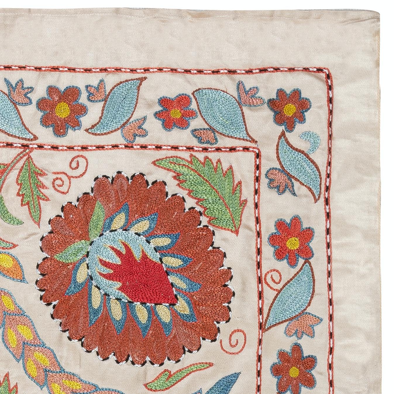 Suzani 21x37 in 100% Silk Wall Hanging. Hand Embroidered Tablecloth. Modern Wall Decor For Sale