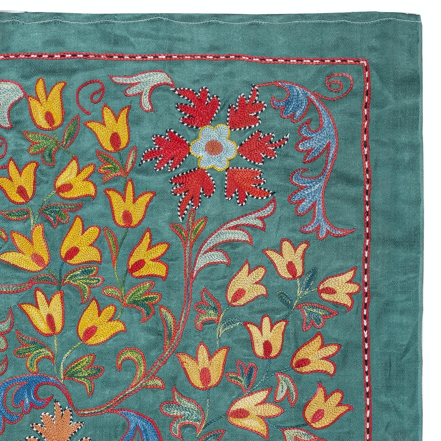 Suzani 21x37 in Embroidered 100% Silk Wall Hanging. Teal Blue Tablecloth. Wall Decor For Sale