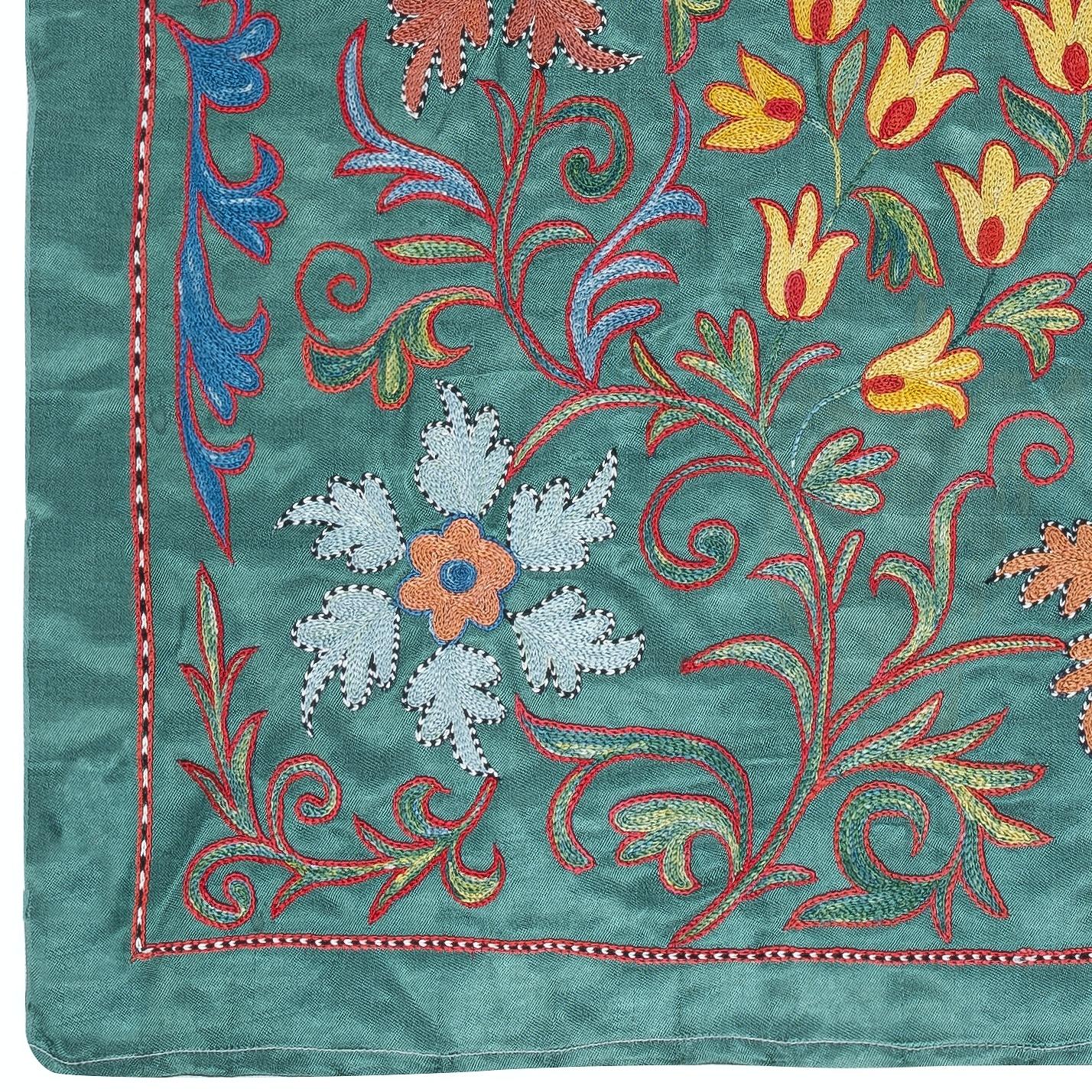 Central Asian 21x37 in Embroidered 100% Silk Wall Hanging. Teal Blue Tablecloth. Wall Decor For Sale