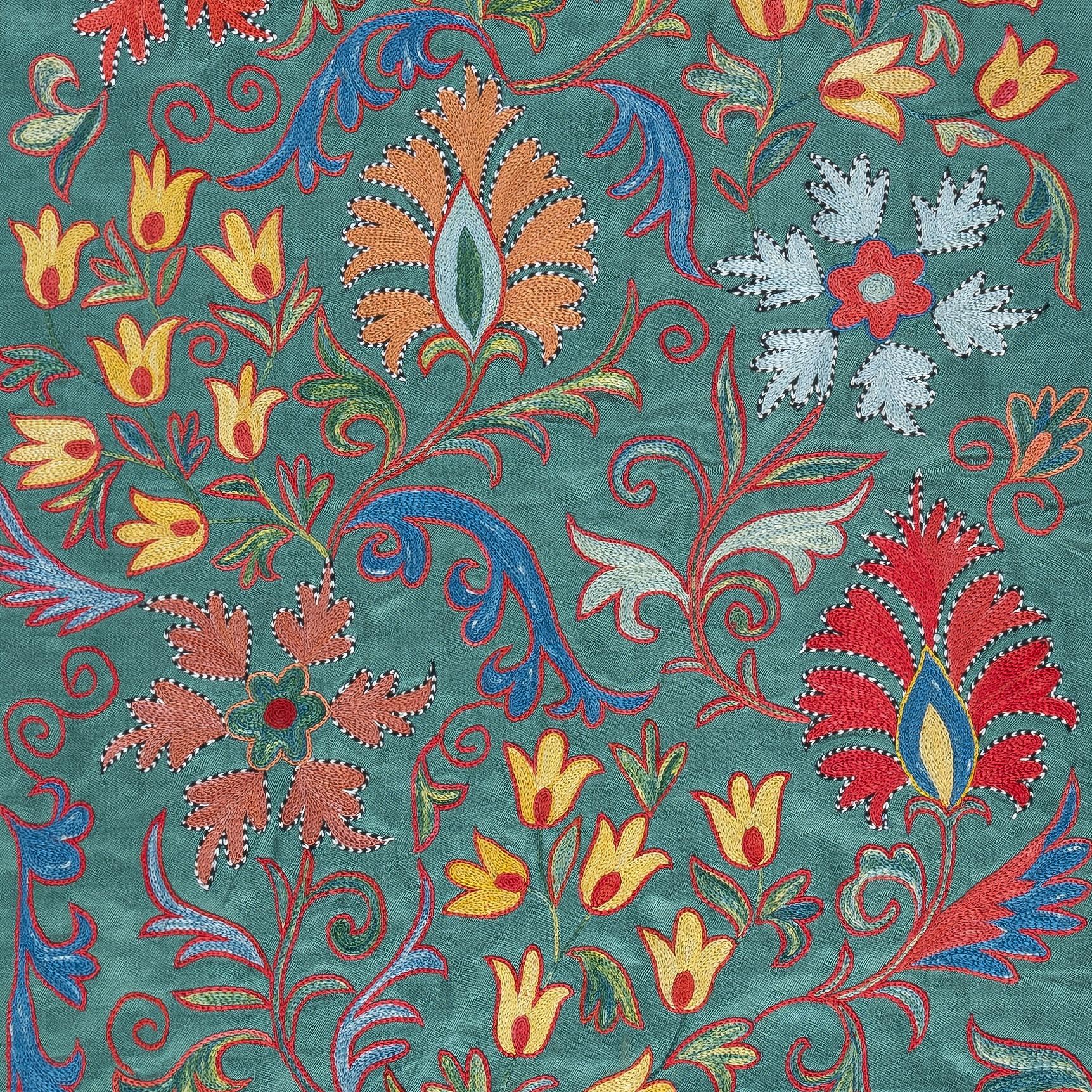 21x37 in Embroidered 100% Silk Wall Hanging. Teal Blue Tablecloth. Wall Decor In New Condition For Sale In Spring Valley, NY