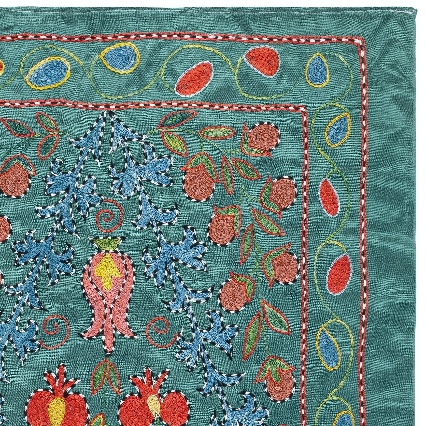 Suzani 21x38 in Embroidered 100% Silk Wall Hanging, Teal Blue Tablecloth, Wall Decor For Sale