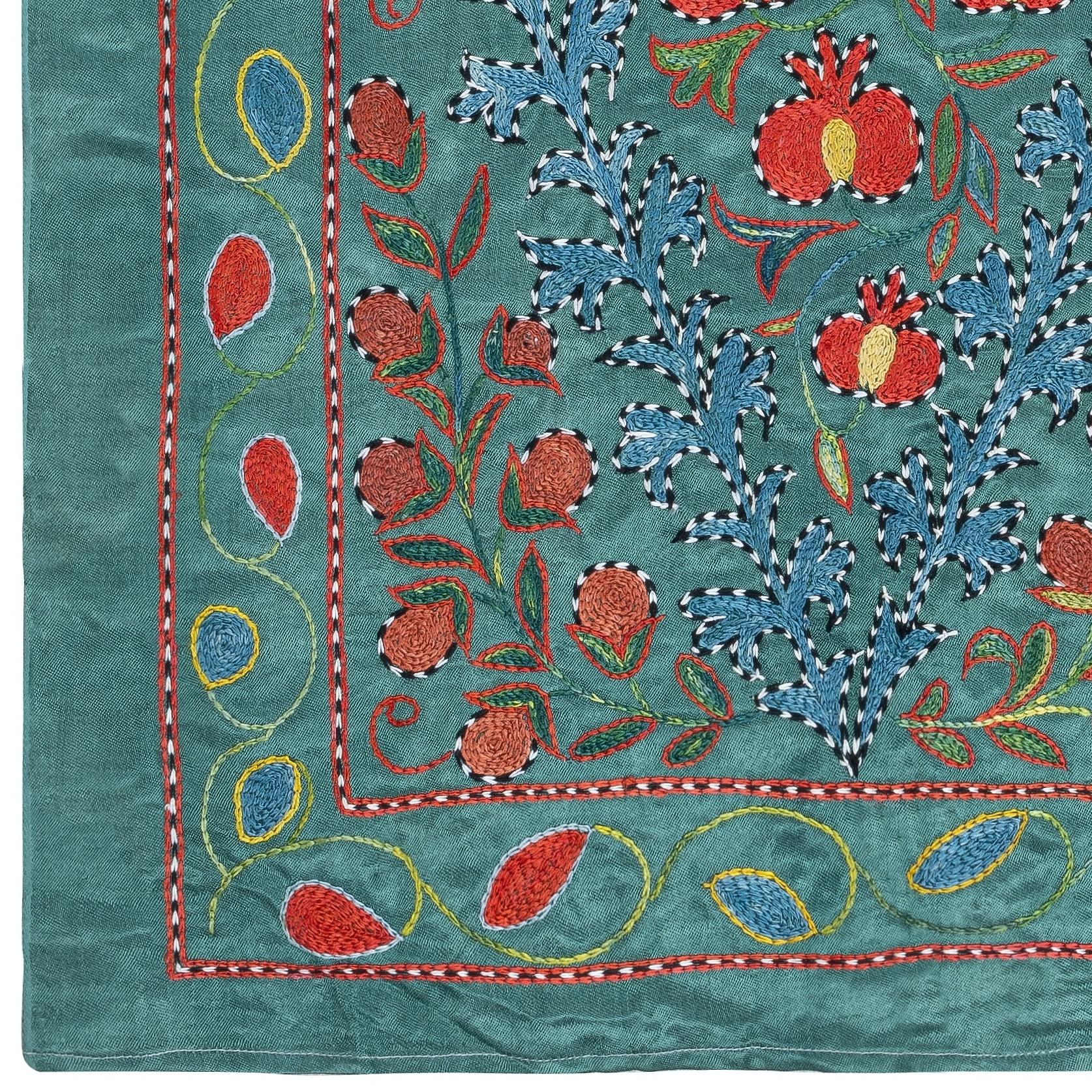 Central Asian 21x38 in Embroidered 100% Silk Wall Hanging, Teal Blue Tablecloth, Wall Decor For Sale