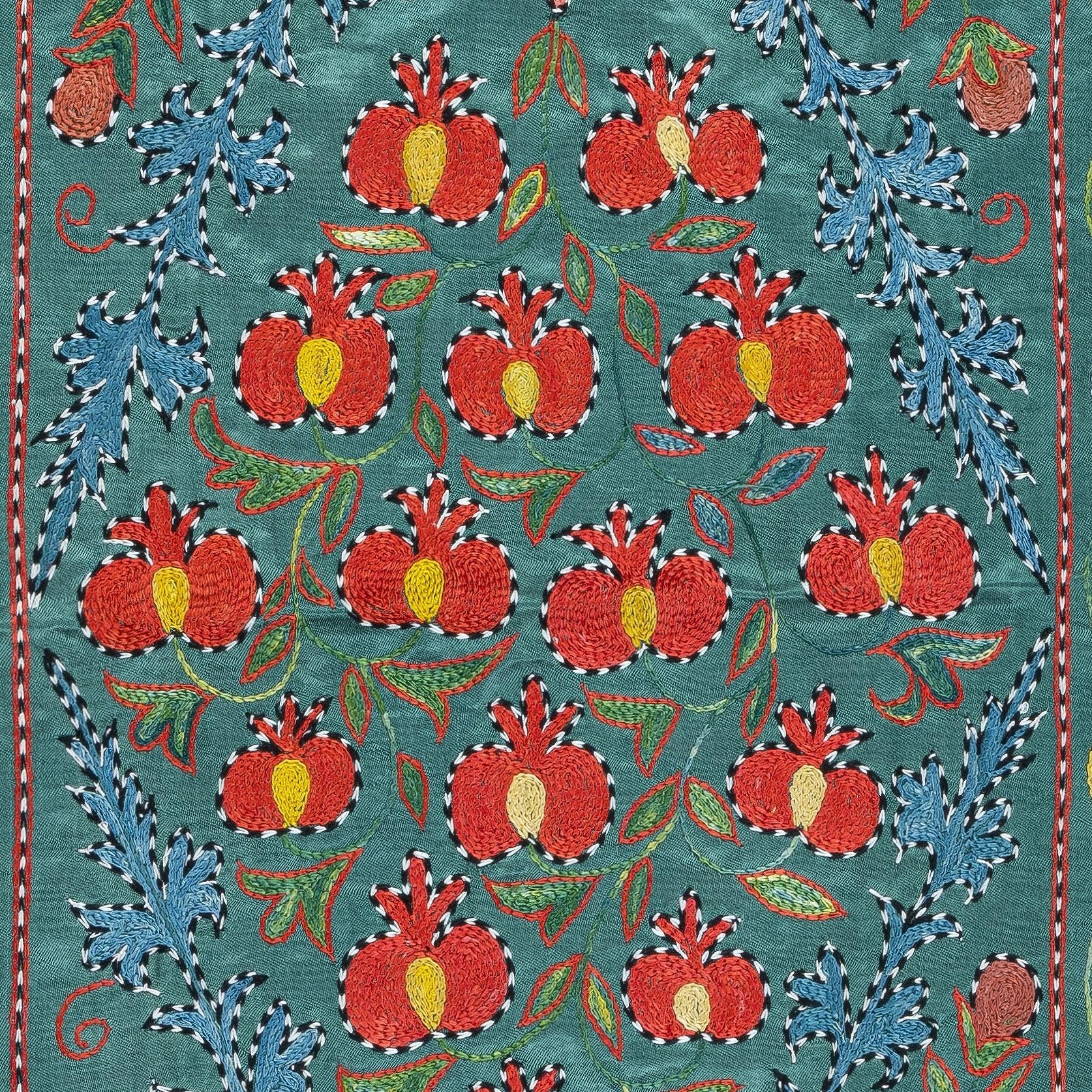 21x38 in Embroidered 100% Silk Wall Hanging, Teal Blue Tablecloth, Wall Decor In New Condition For Sale In Spring Valley, NY