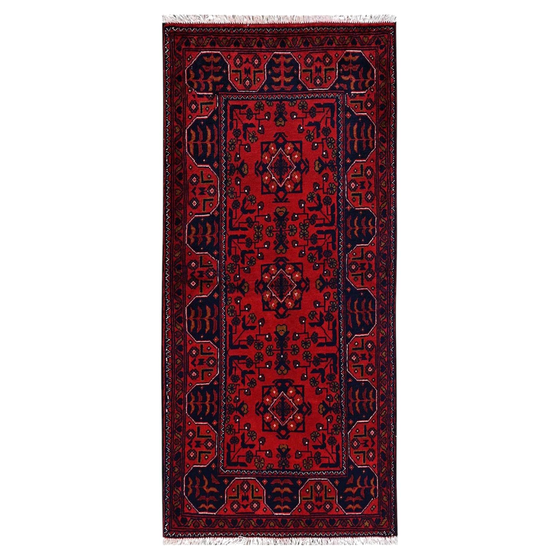 2'1"x4'9" Red Afghan Andkhoy with Geometric Motif Hand Knotted Wool Runner Rug