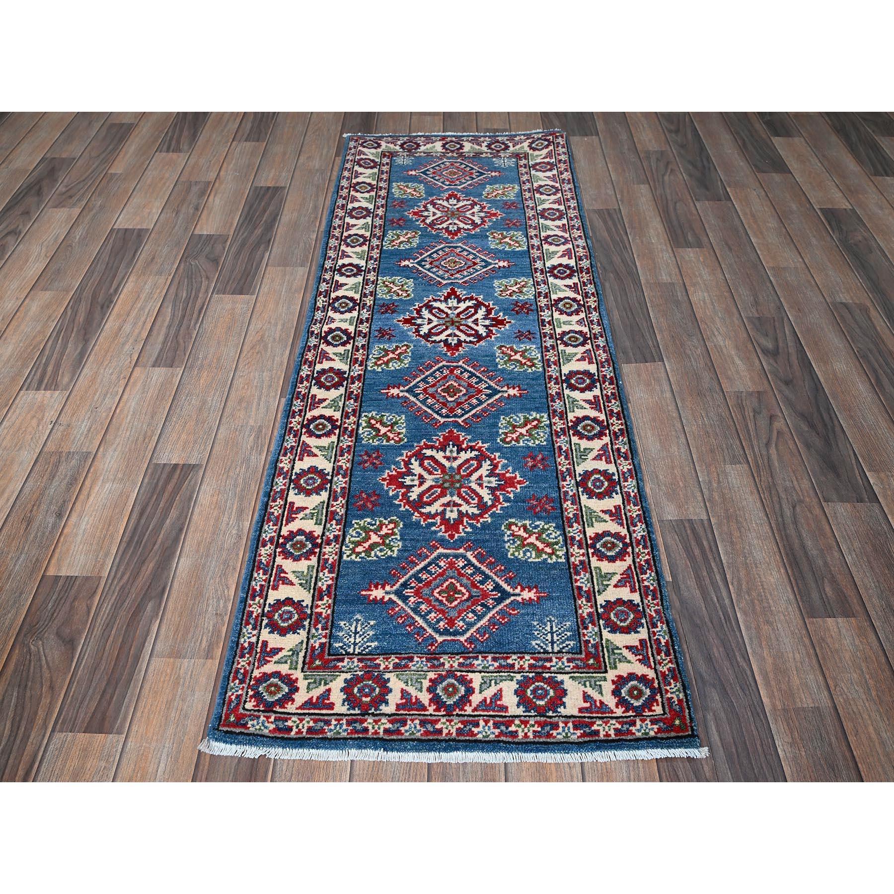 Imperial Blue, Kazak with Tribal Medallions Design, Hand Knotted, Soft and Velvety Wool, Denser Weave, Vegetable Dyes, Narrow Runner, Oriental Rug
Primary materials: Wool
Latex: No Pile 
height: 0.25 Inches
Style: Traditional
rimary color: