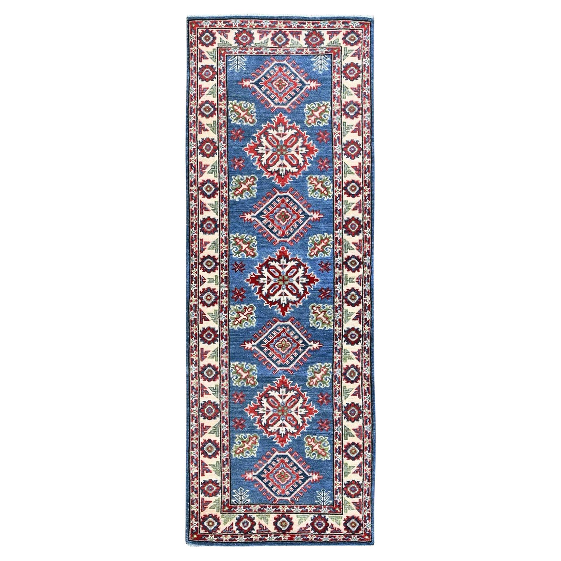2
1"x5
10" Blue Kazak with Tribal Medallions Design Hand Knotted Wool Runner Rug