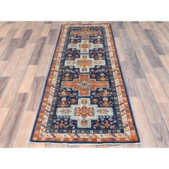 2'1"x5'10" Delft Blue Armenian Inspired Wool Hand Knotted Runner Oriental Rug