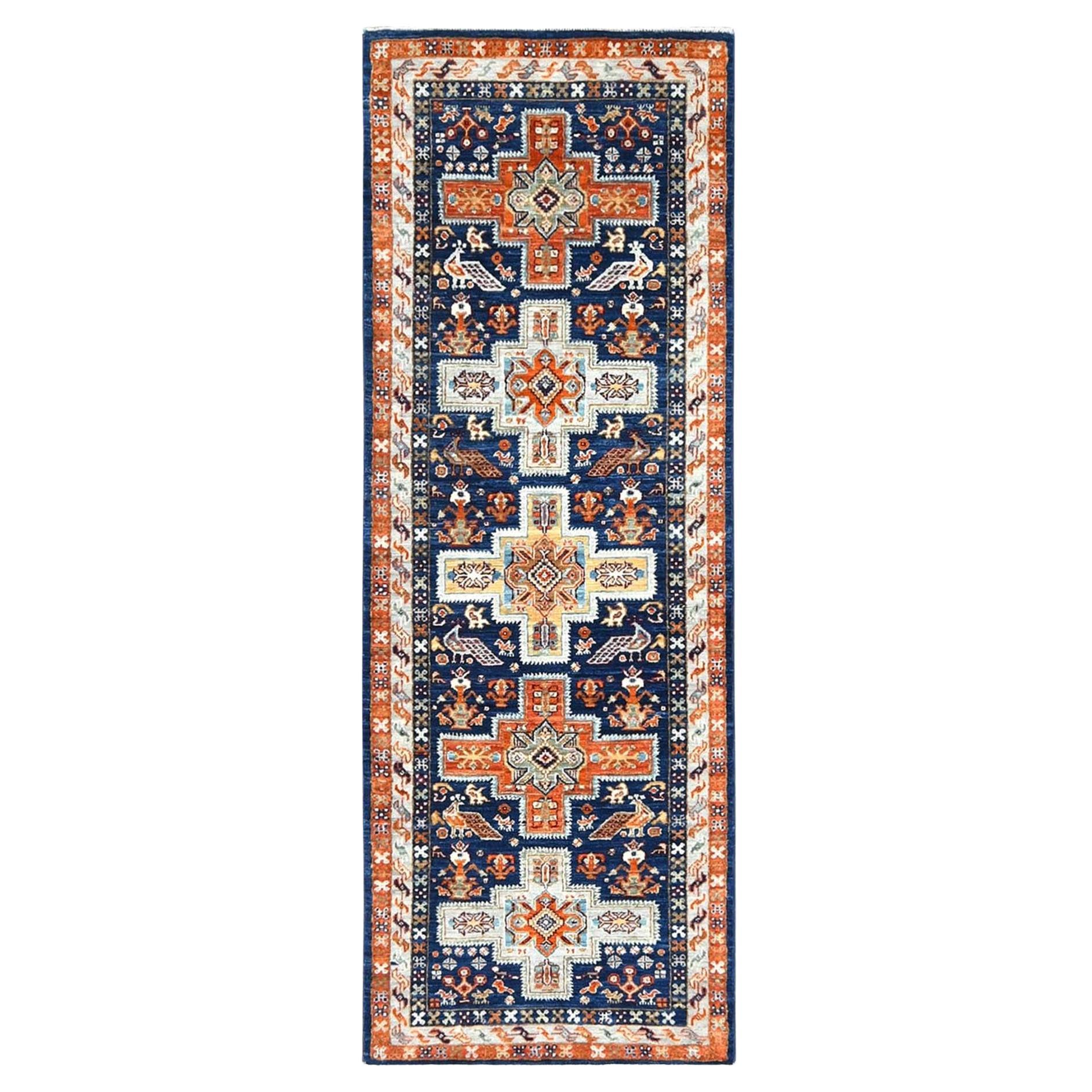 Tappeto orientale Knots Rugs 2'1 "x5'10" in lana di ispirazione armena blu Delft annodato a mano