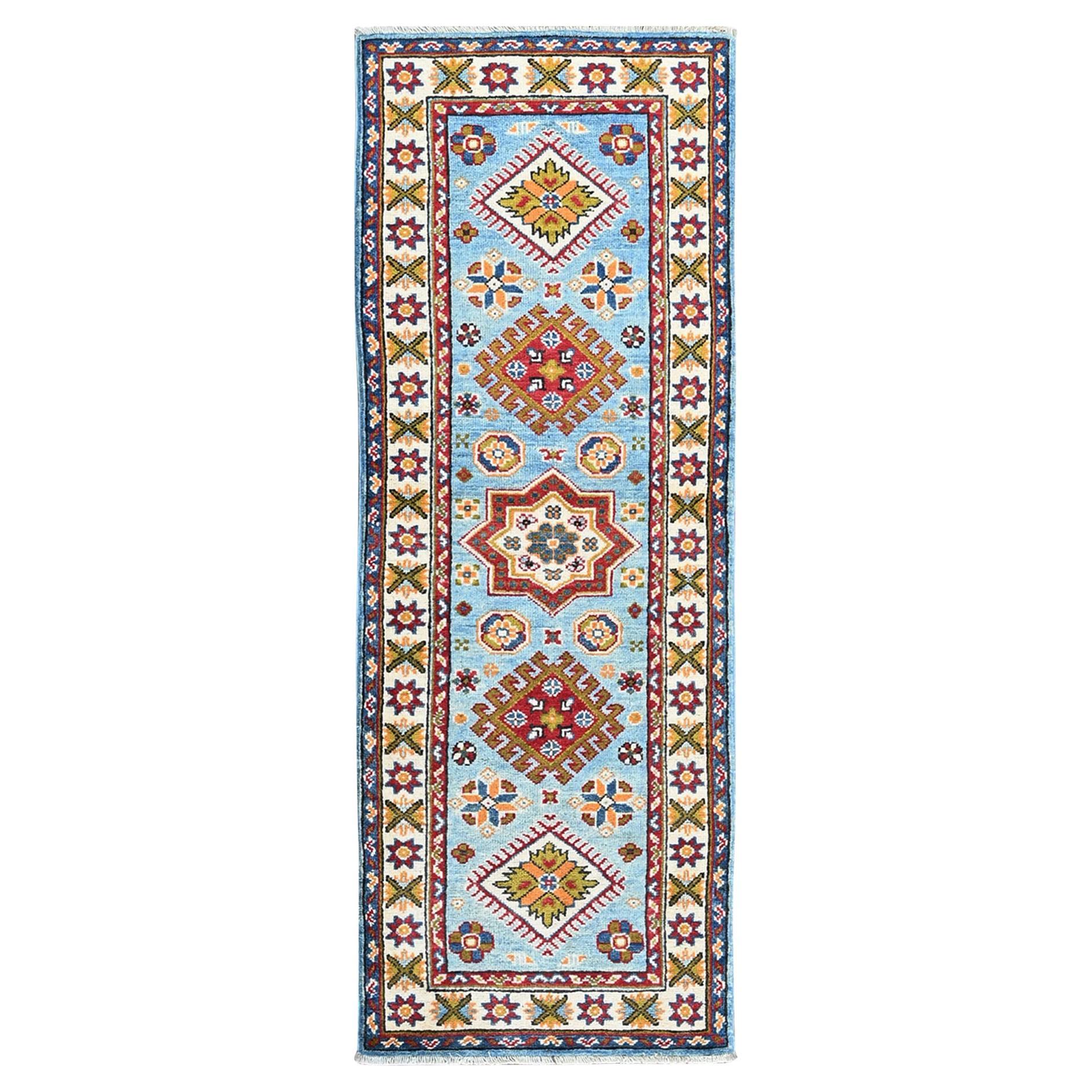 2
1 "x5
9" Alfombra Kazak Azul Bebé con Diseño de Medallones Corredera de Lana Anudada a Mano