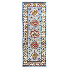 2
1 "x5
9" Alfombra Kazak Azul Bebé con Diseño de Medallones Corredera de Lana Anudada a Mano