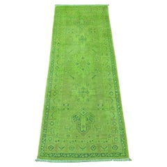 2'1"x5'9" Green Overdyed Kazak Medallions Design Hand Knotted Wool Runner Rug