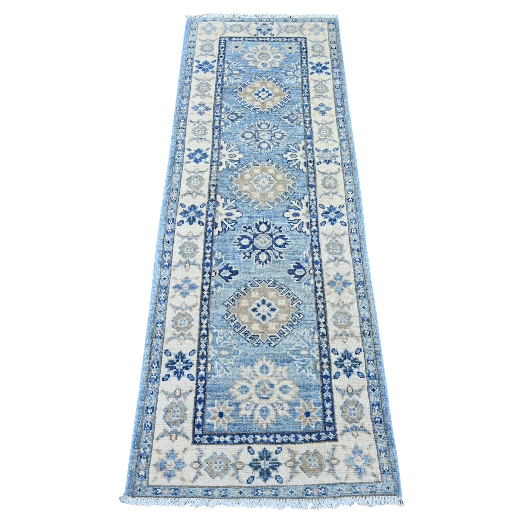 2'1"x6' Blue Vintage Look Kazak Tribal Medallions Hand Knotted Wool Runner Rug
