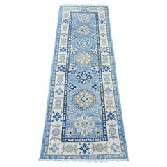 2'1 "x6' Blauer Vintage-Look Kazak Stammes-Medaillons Hand geknüpft Wolle Läufer Teppich
