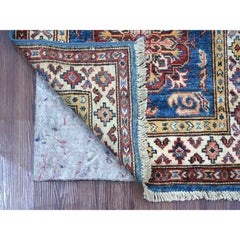 2'1"x6' Cerulean Blue Hand Knotted Afghan Super Kazak Wool Narrow Runner Rug