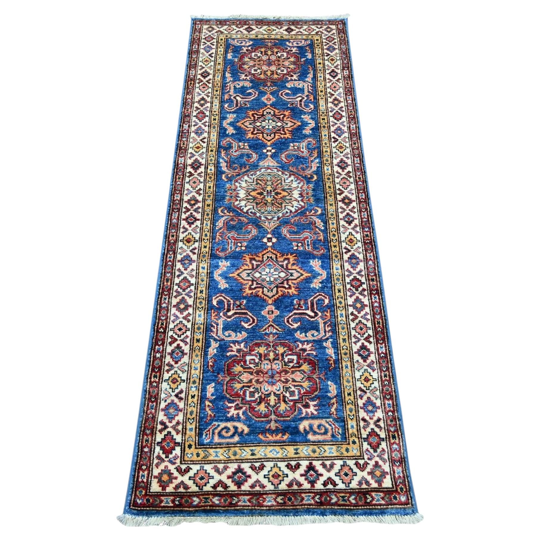 2'1"x6' Cerulean Blue Hand Knotted Afghan Super Kazak Wool Narrow Runner Rug