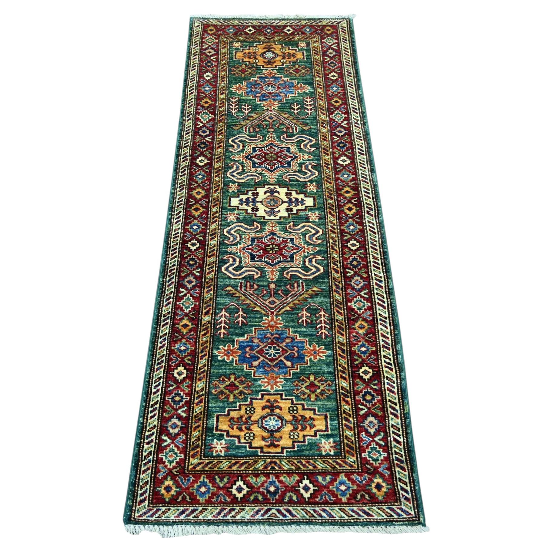 2'1"x6' Hunter Green Afghan Super Kazak Hand Knotted Wool Narrow Runner Rug For Sale