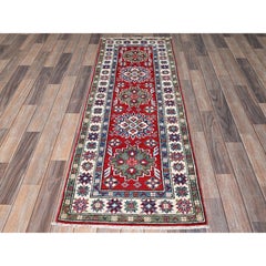 2'1"x6' Red Kazak with Tribal Medallions Design Hand Knotted Wool Runner Rug