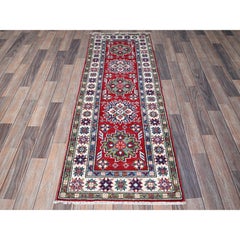2'1"x6' Red Kazak with Tribal Medallions Design Hand Knotted Wool Runner Rug