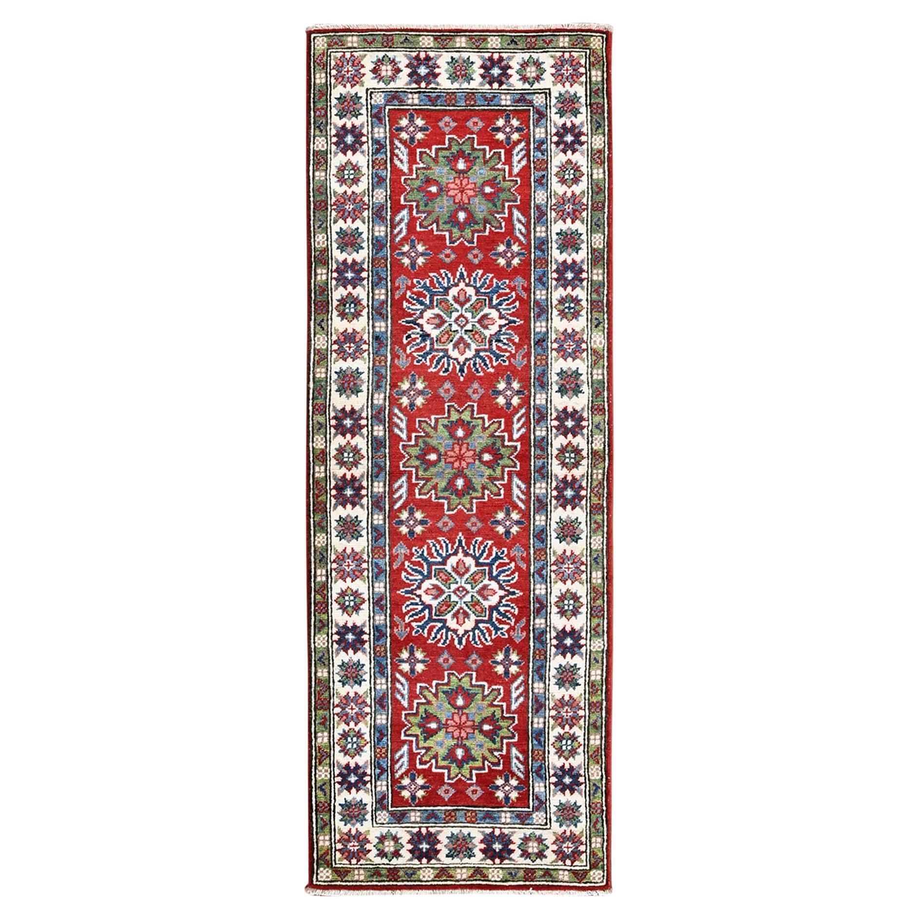 2'1"x6' Red Kazak with Tribal Medallions Design Hand Knotted Wool Runner Rug