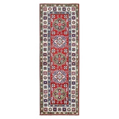 2'1"x6' Red Kazak with Tribal Medallions Design Hand Knotted Wool Runner Rug
