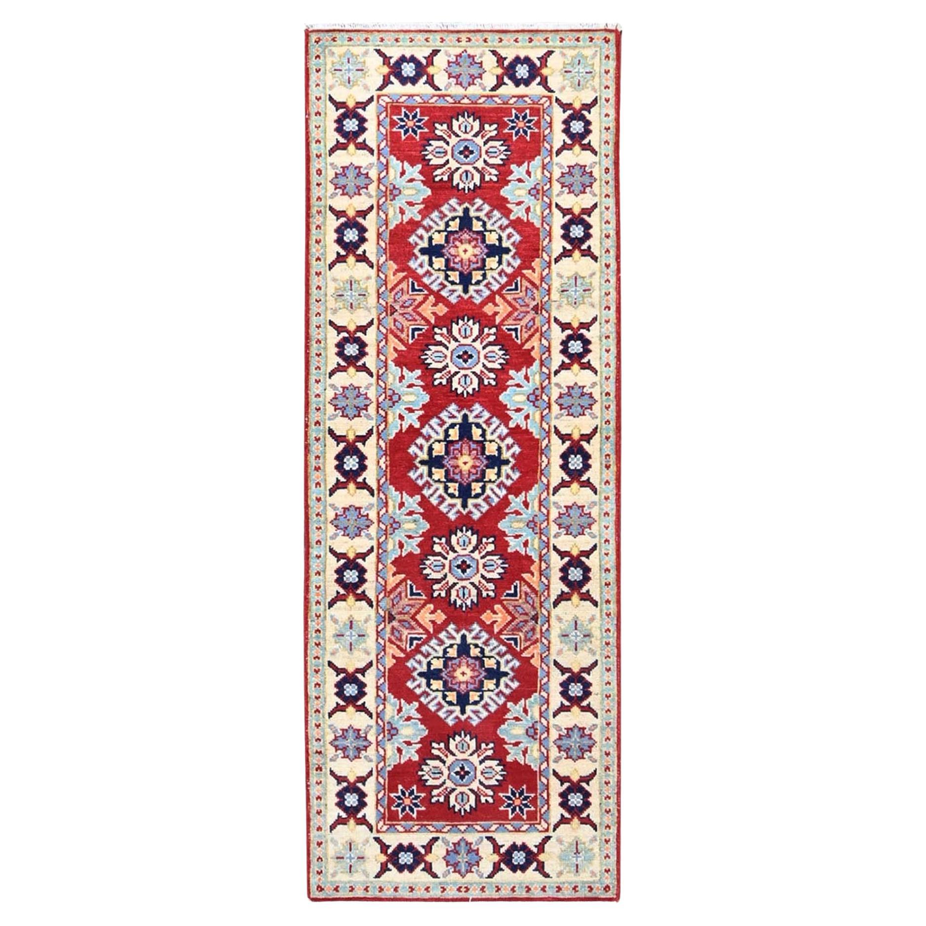 2'1"x6' Scarlet Red Kazak Design Shiny Wool Oriental Hand Knotted Runner Rug