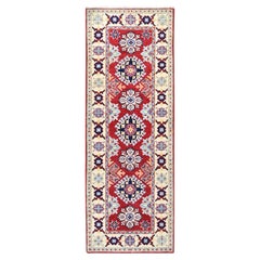 2'1"x6' Scarlet Red Kazak Design Shiny Wool Oriental Hand Knotted Runner Rug