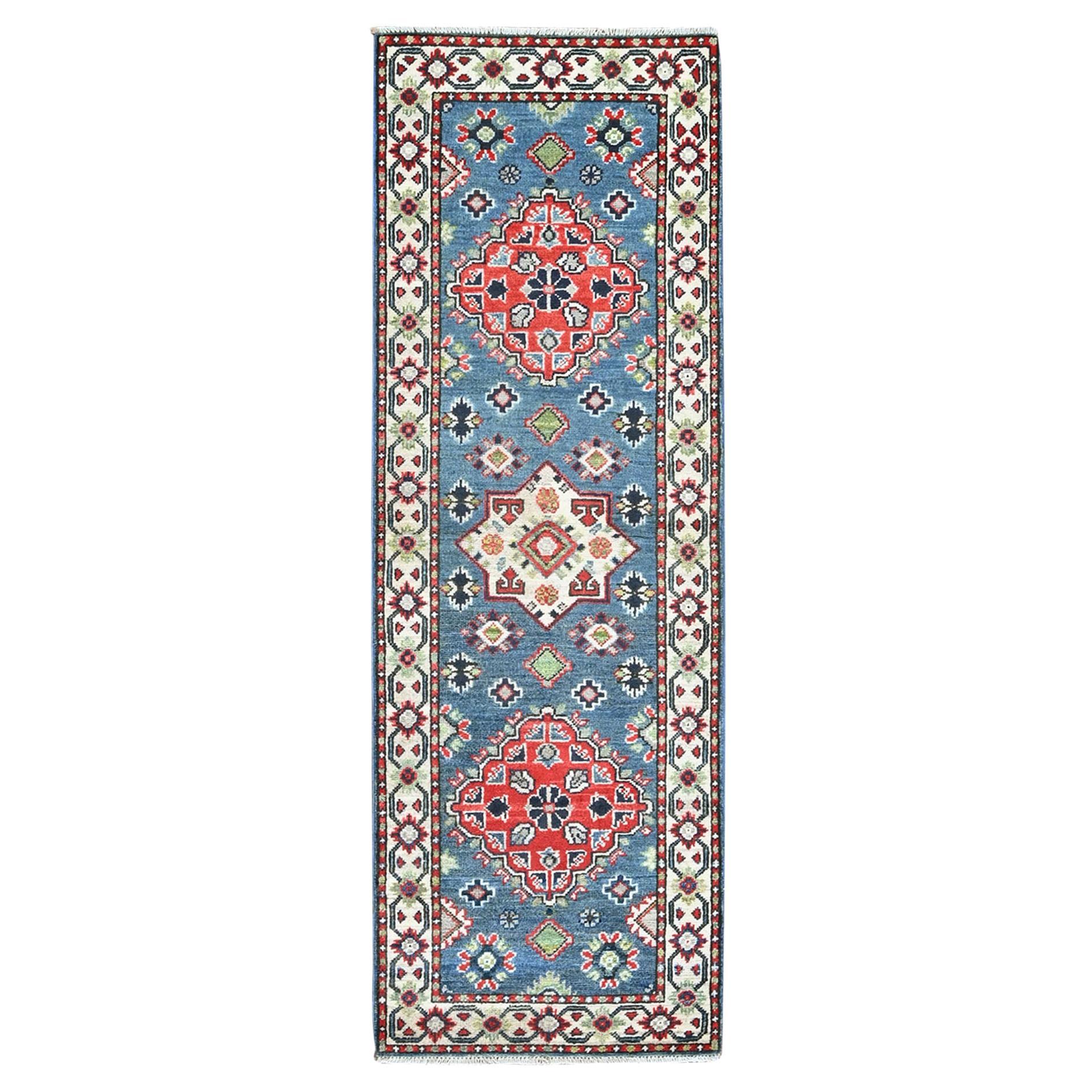2
1"x6
1" Blue Kazak Geometric Medallion Design All Wool Hand Knotted Runner Rug