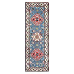 2
1"x6
1" Blue Kazak Geometric Medallion Design All Wool Hand Knotted Runner Rug