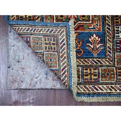 2'1"x6'3" Steel Blue Afghan Super Kazak Geometric Medallions Wool Runner Rug