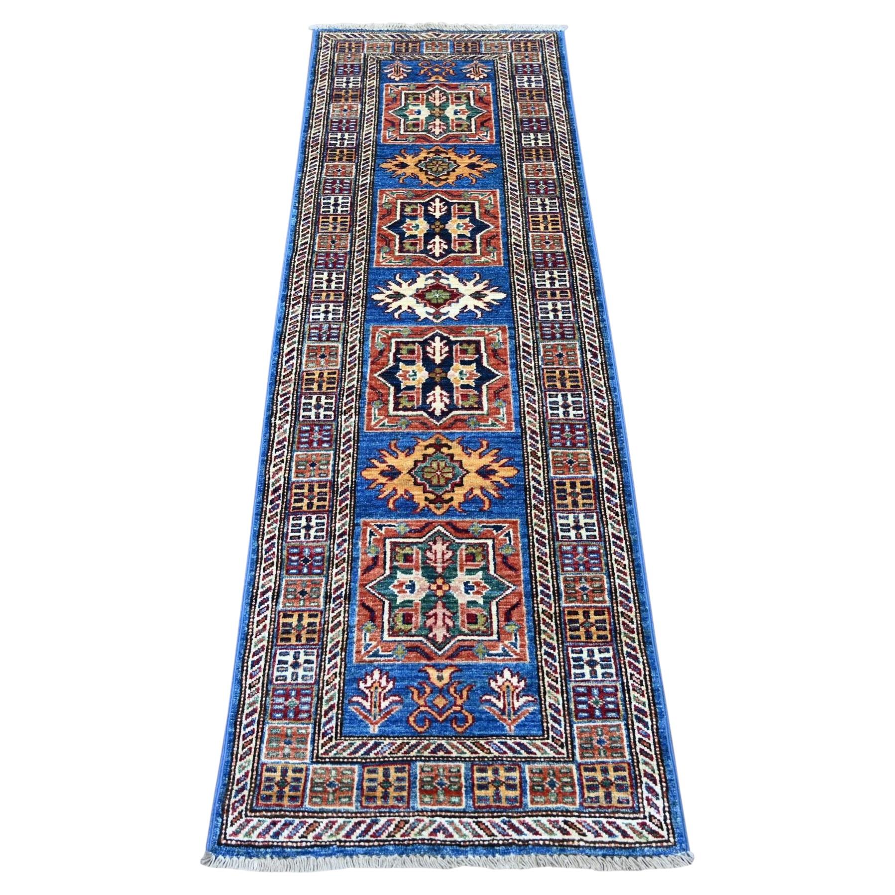 2'1"x6'3" Steel Blue Afghan Super Kazak Geometric Medallions Wool Runner Rug