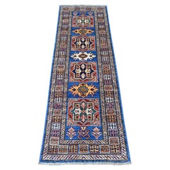 2'1"x6'3" Steel Blue Afghan Super Kazak Geometric Medallions Wool Runner Rug