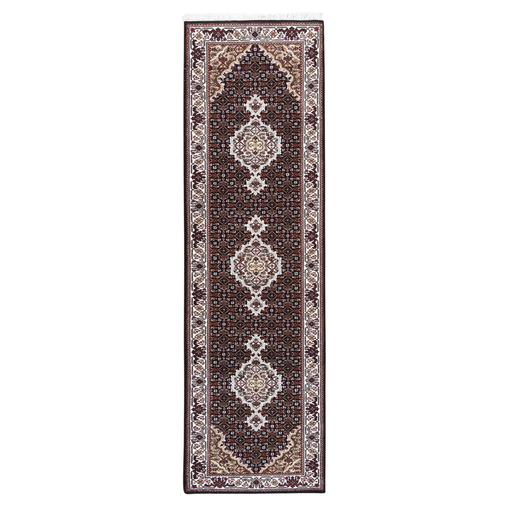 2'1"x8' Tabriz Mahi Fish Medallion Design Black Hand Knotted Wool And Silk Rug For Sale