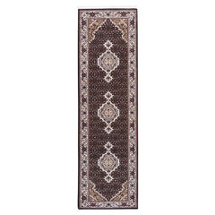 2'1"x8' Tabriz Mahi Fish Medallion Design Black Hand Knotted Wool And Silk Rug