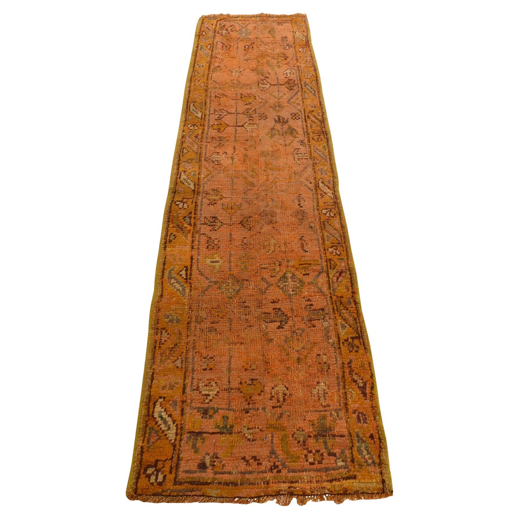 2'1"x8'3" Coral Color Antique Turkish Oushak Wool Weft Hand Knotted Runner Rug For Sale