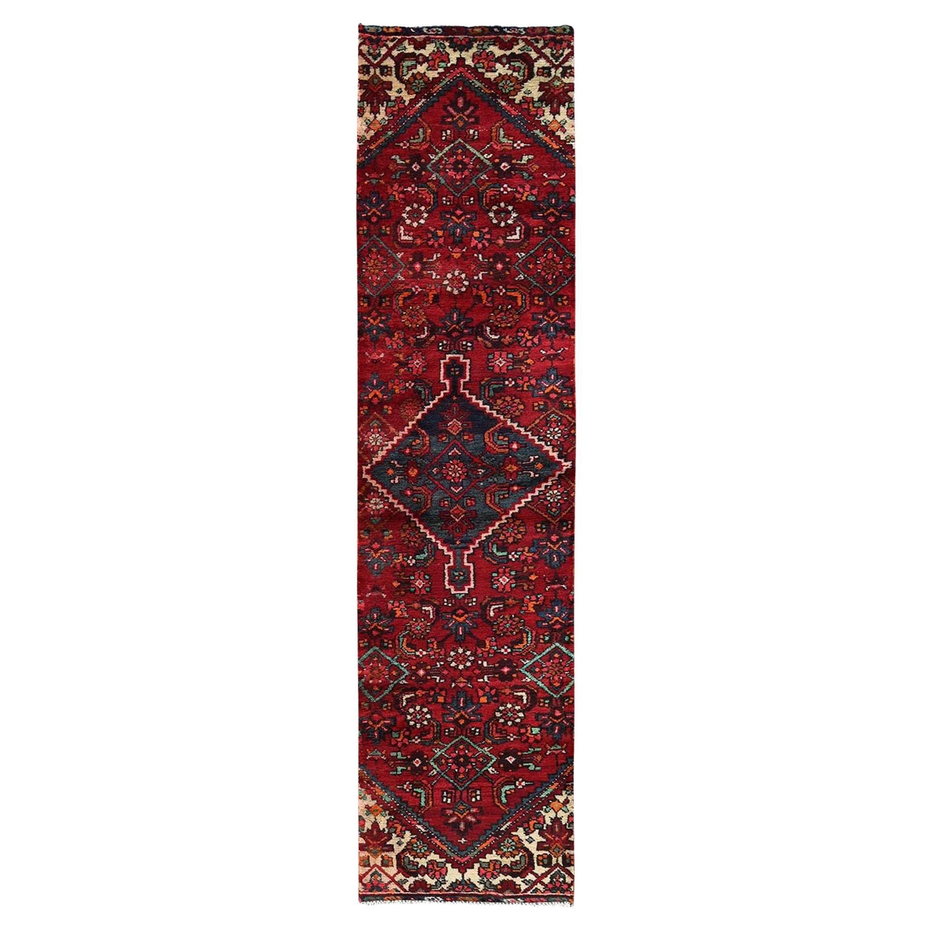 2'1"x9'1" Rubinroter persischer Hamadan-Läufer aus reiner Wolle, handgeknüpft, Vintage