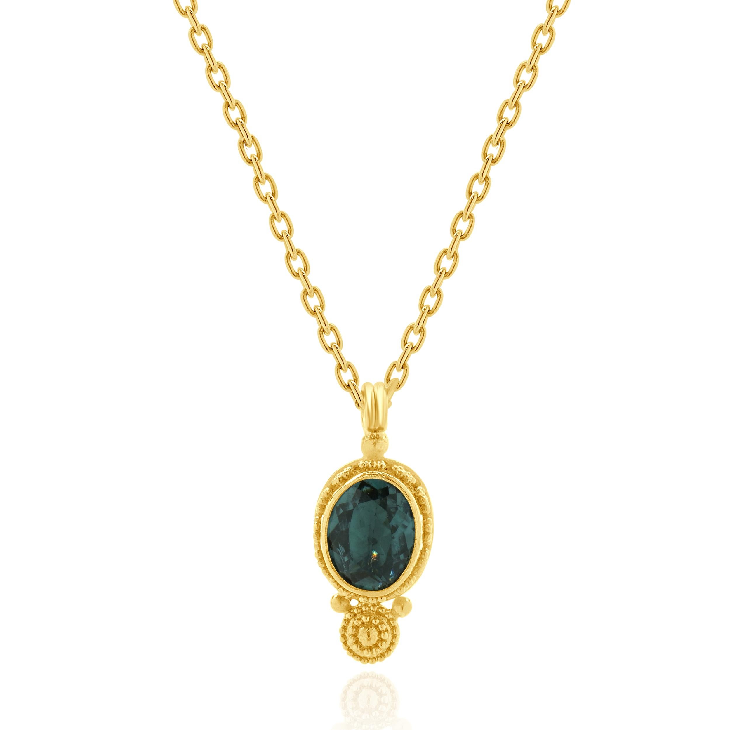Designer: custom
Material: 22/14K yellow gold
Tourmaline: 1 oval cut = 2.00ct
Dimensions: necklace measures 15.5-inches in length
Weight: 5.61 grams
