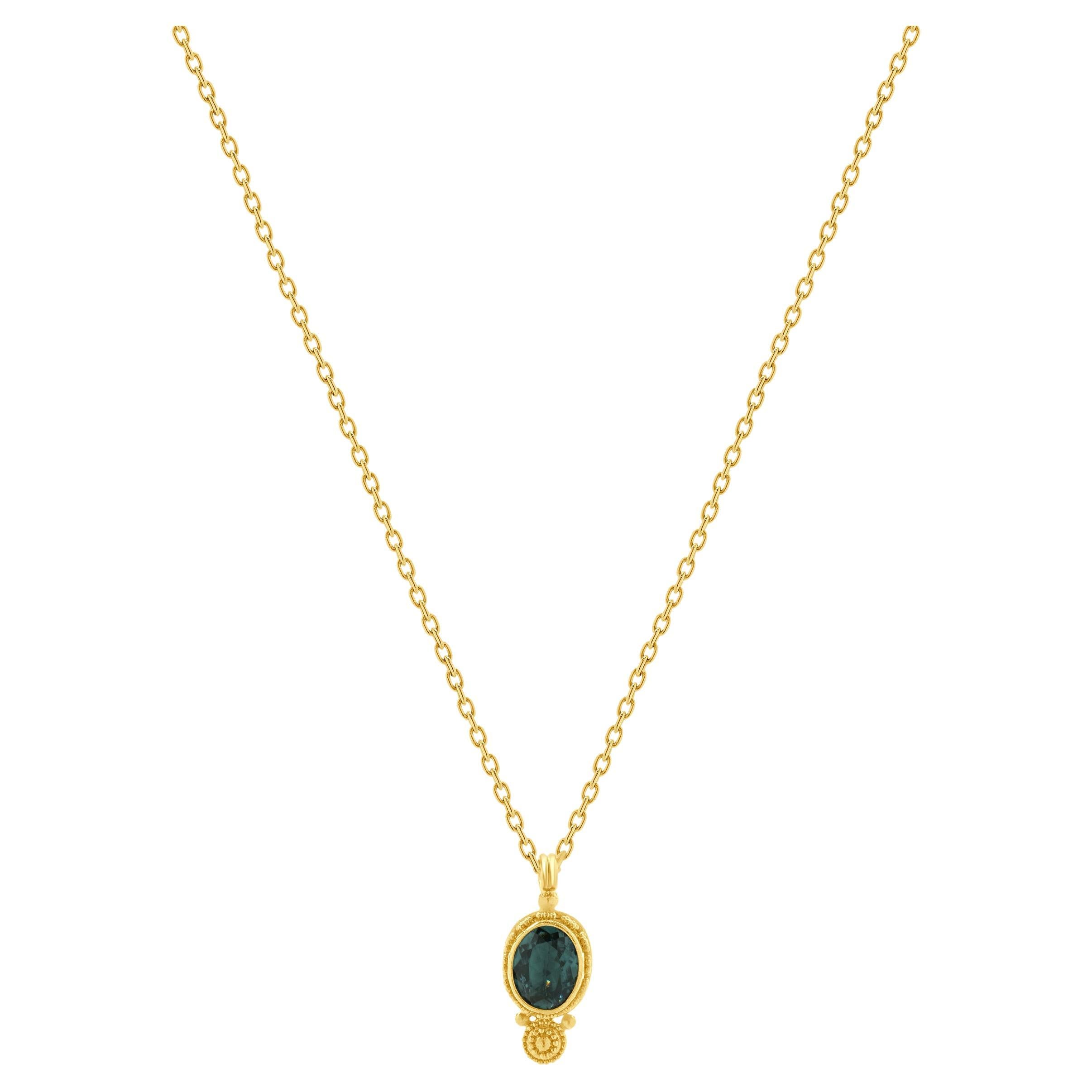 22/14 Karat Yellow Gold Blue Tourmaline Necklace For Sale