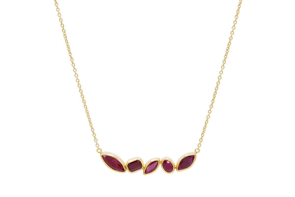 GURHAN one-of-a-kind bar pendant necklace set in 24 Karat hammered yellow gold featuring (5) mixed sized and shaped oval, marquise, and rectangular faceted Rubies, 6.28cts. 16-18