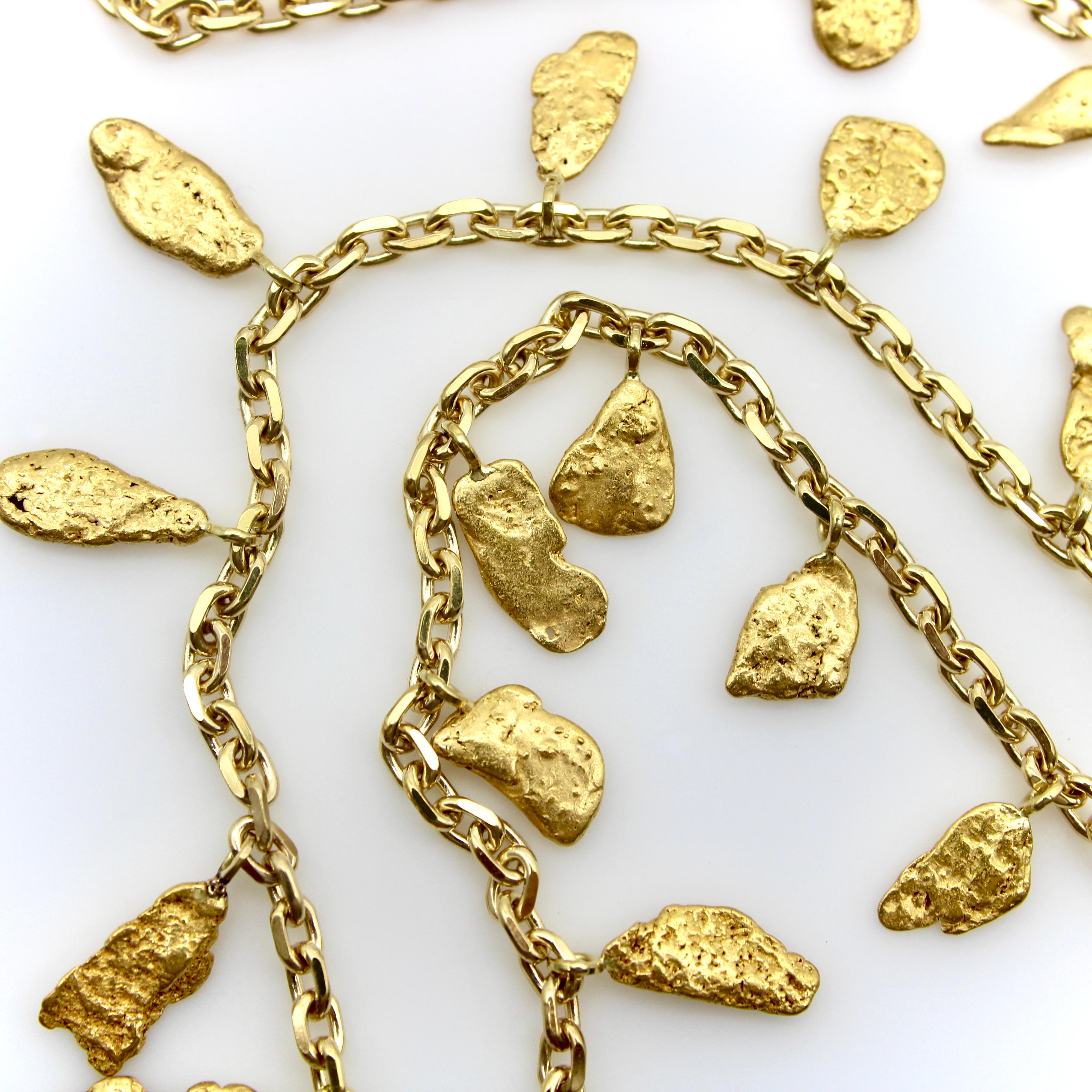 Modern 22 - 24K Gold Nugget Fringe Necklace on 18K Gold Italian Chain  For Sale