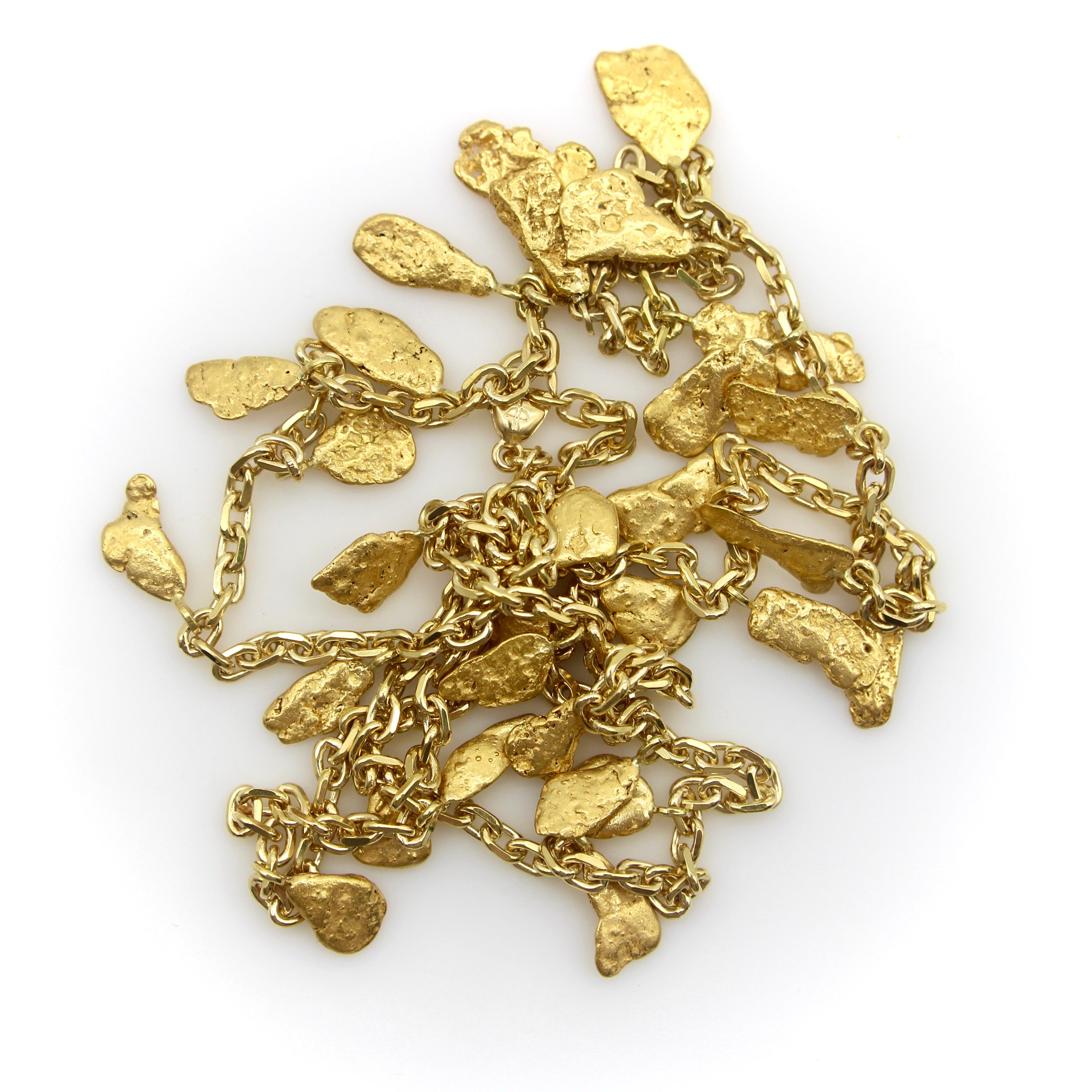 Women's or Men's 22 - 24K Gold Nugget Fringe Necklace on 18K Gold Italian Chain  For Sale