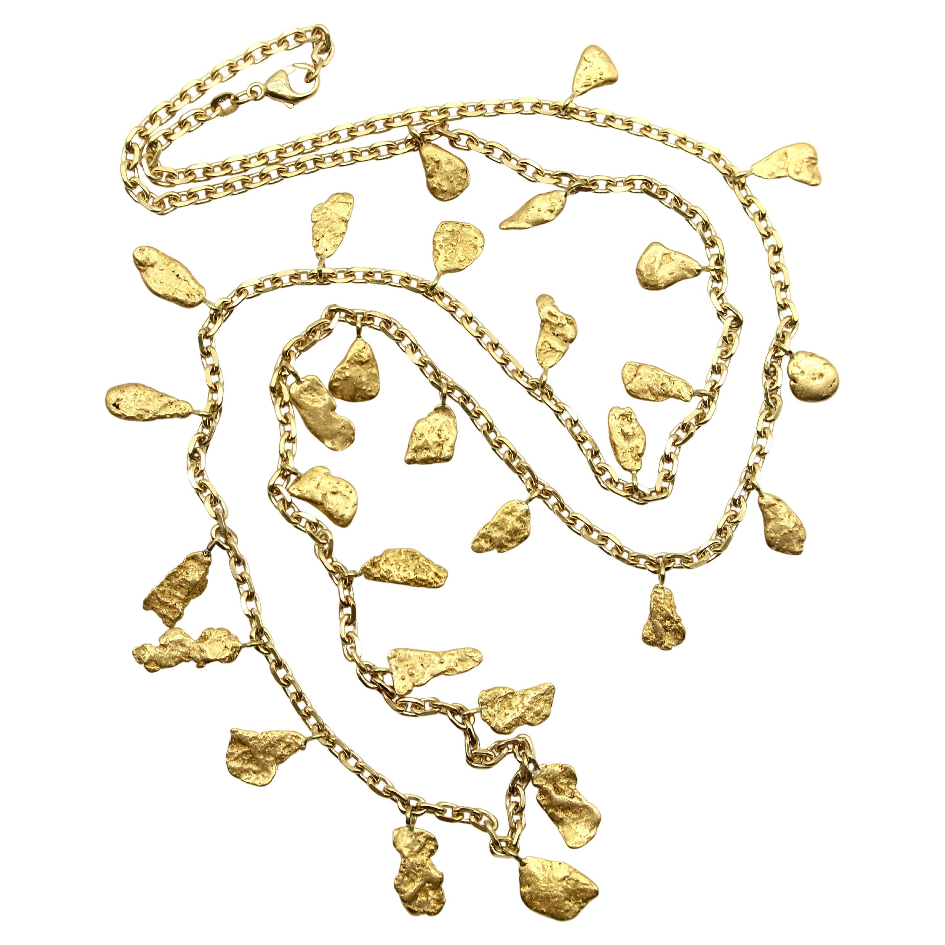 22 - 24K Gold Nugget Fringe Necklace on 18K Gold Italian Chain  For Sale