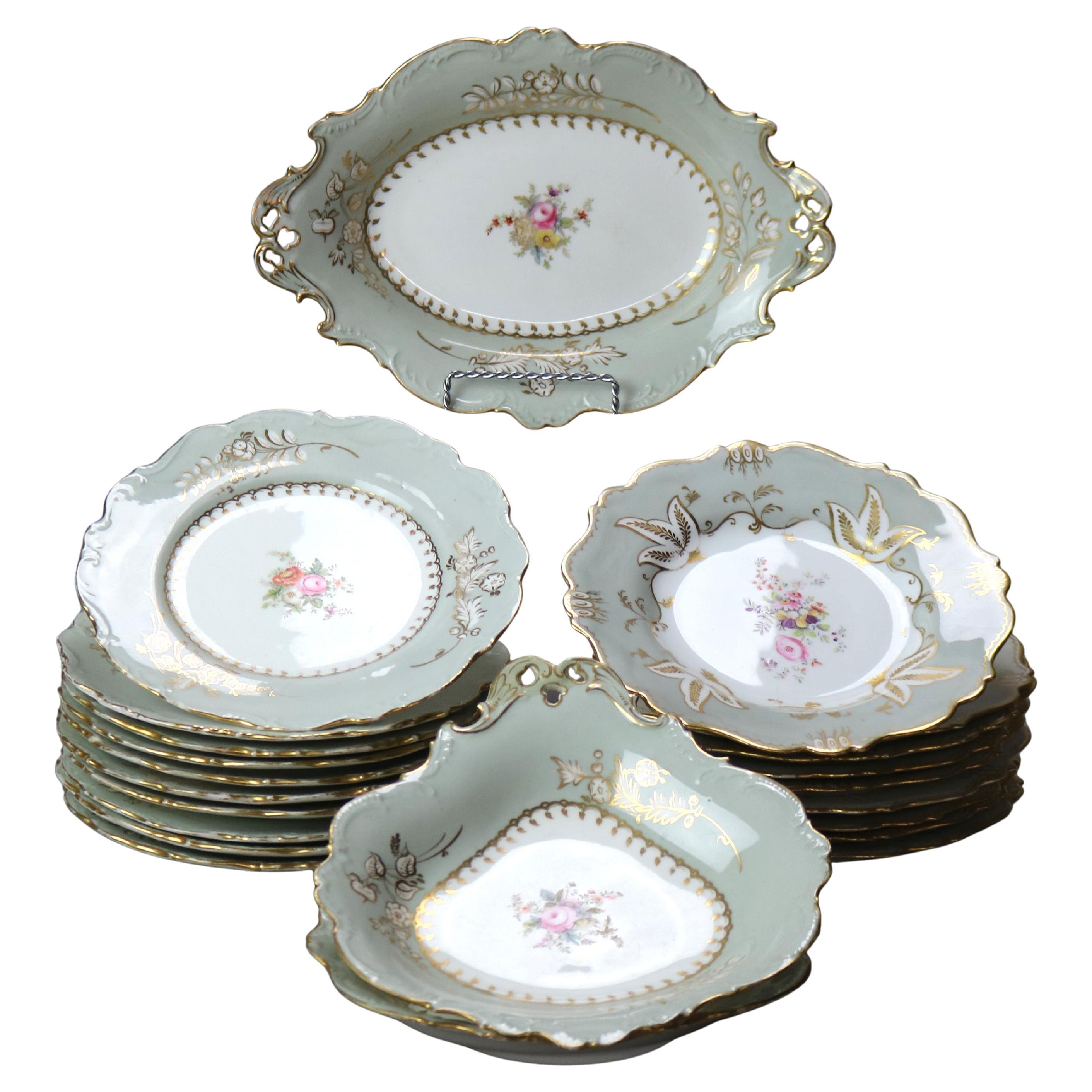 22 Antique French Limoges Hand Painted 
Gilt Plates with Serving Dishes c1890