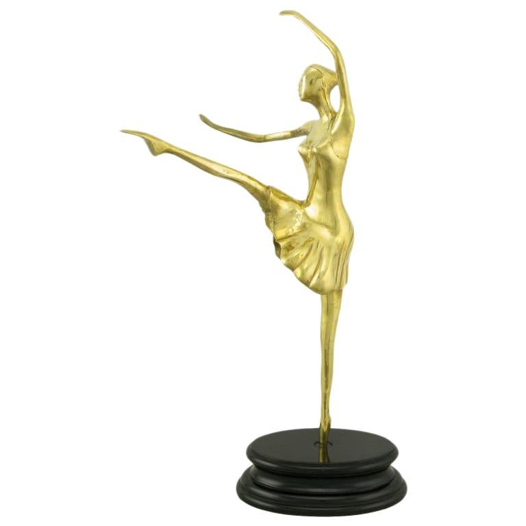 22" Brass Ballerina En Pointe Atop Black Lacquered Base For Sale