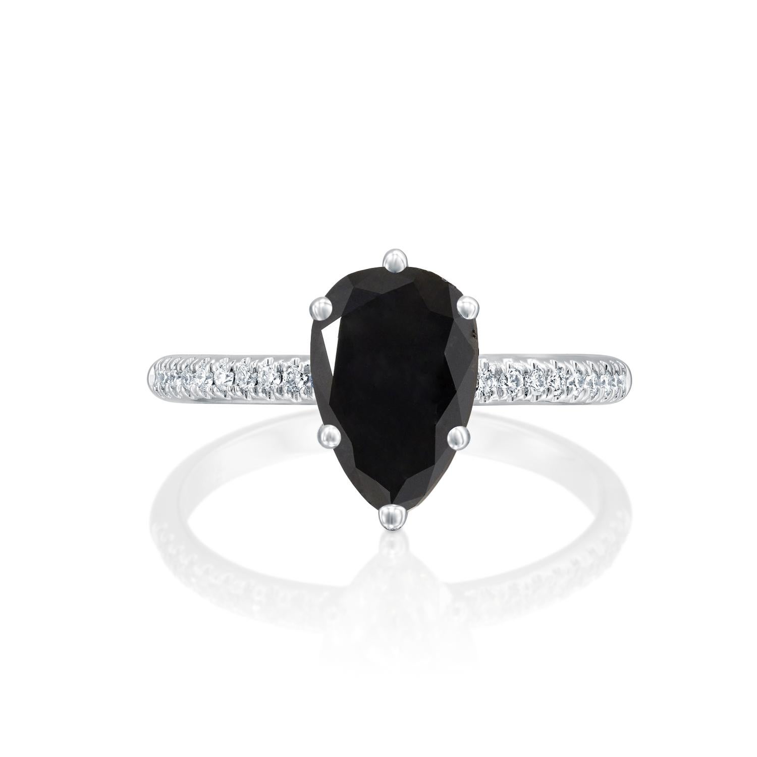 Beautiful solitaire with accents vintage style diamond engagement ring. Center stone is natural, pear shaped, AAA quality Black Diamond of 2 carat and it is surrounded by smaller natural diamonds approx. 0.2 total carat weight. The total carat