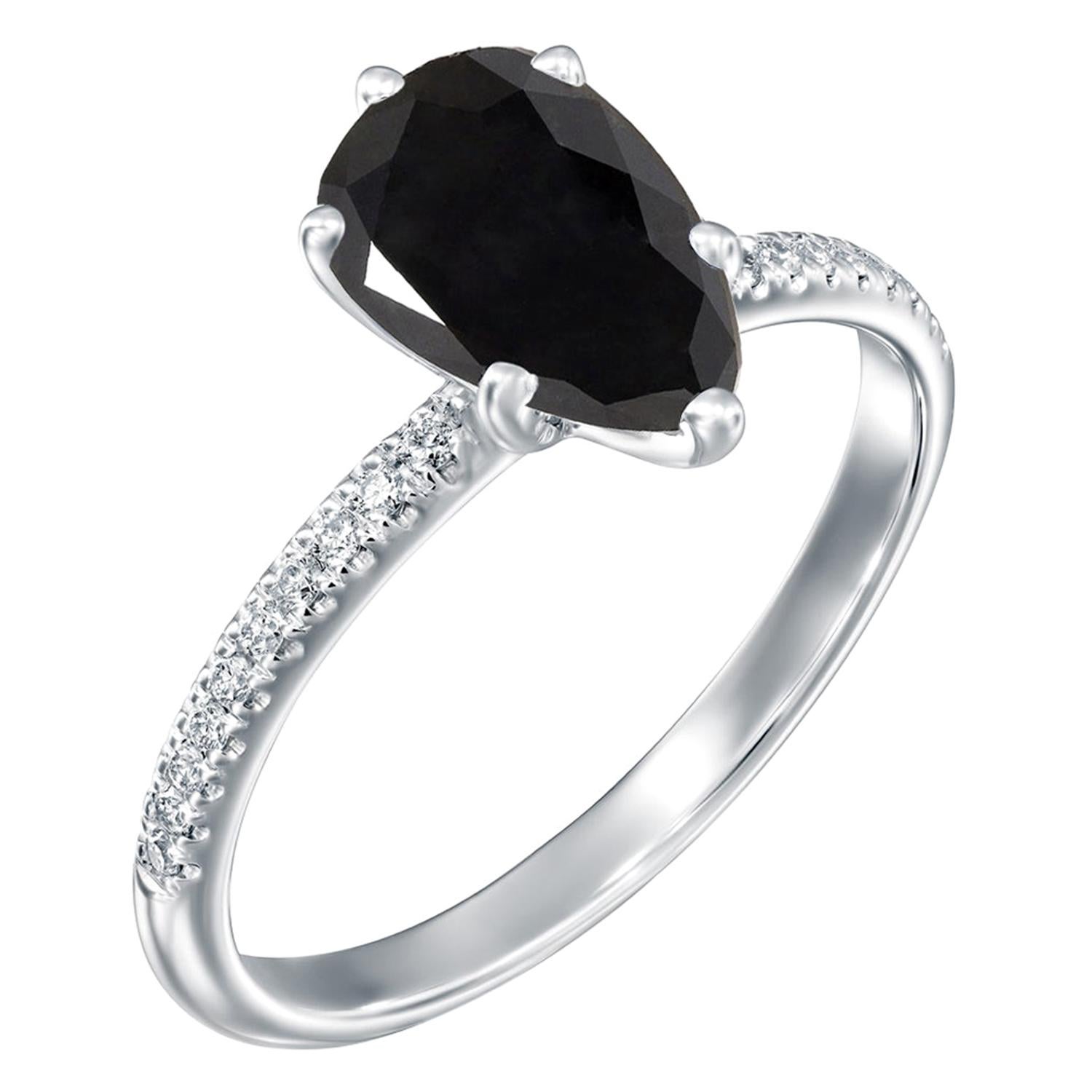 2.2 Carat 14 Karat White Gold Certified Pear Black Diamond Engagement Ring