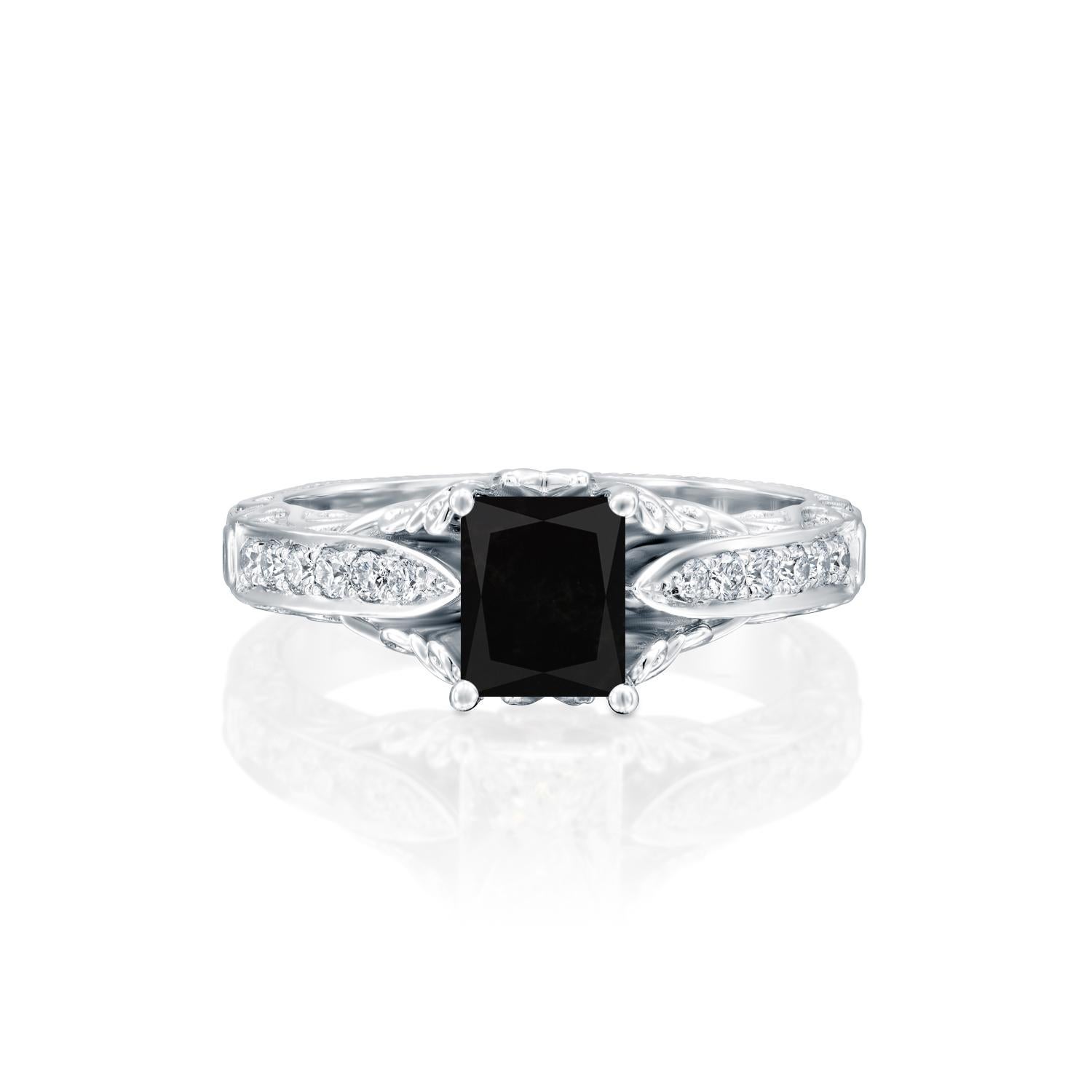Beautiful solitaire with accents vintage style diamond engagement ring. Center stone is natural, radiant shaped, AAA quality Black Diamond of 2 carat and it is surrounded by smaller natural diamonds approx. 0.25 total carat weight. The total carat